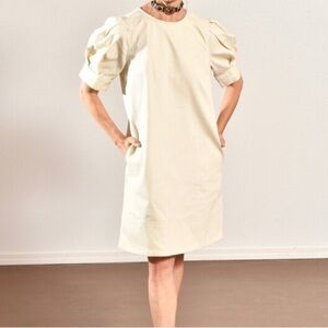 Who What Wear, Small Cream Casual Denim Dress, below the knee, bell puff sleeves